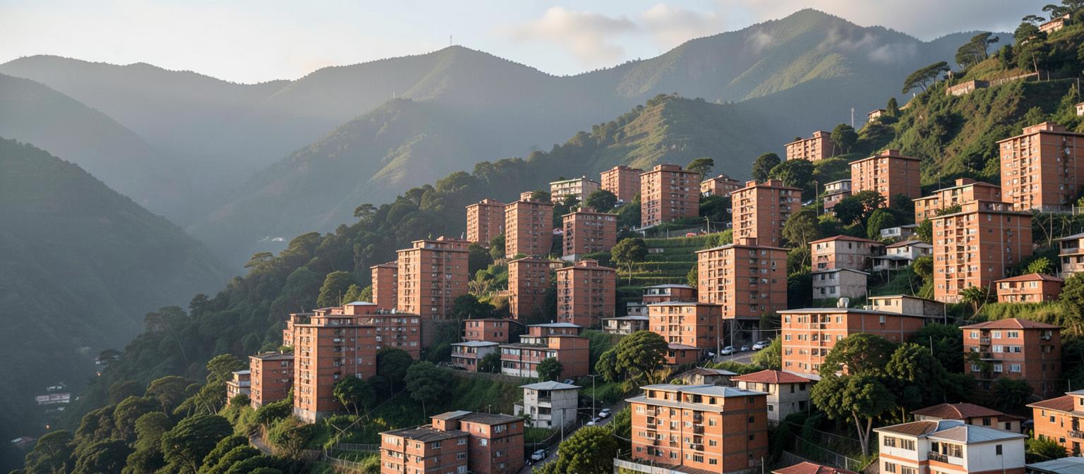 Medellin valley city view with hillside neighbourhoods and green mountains