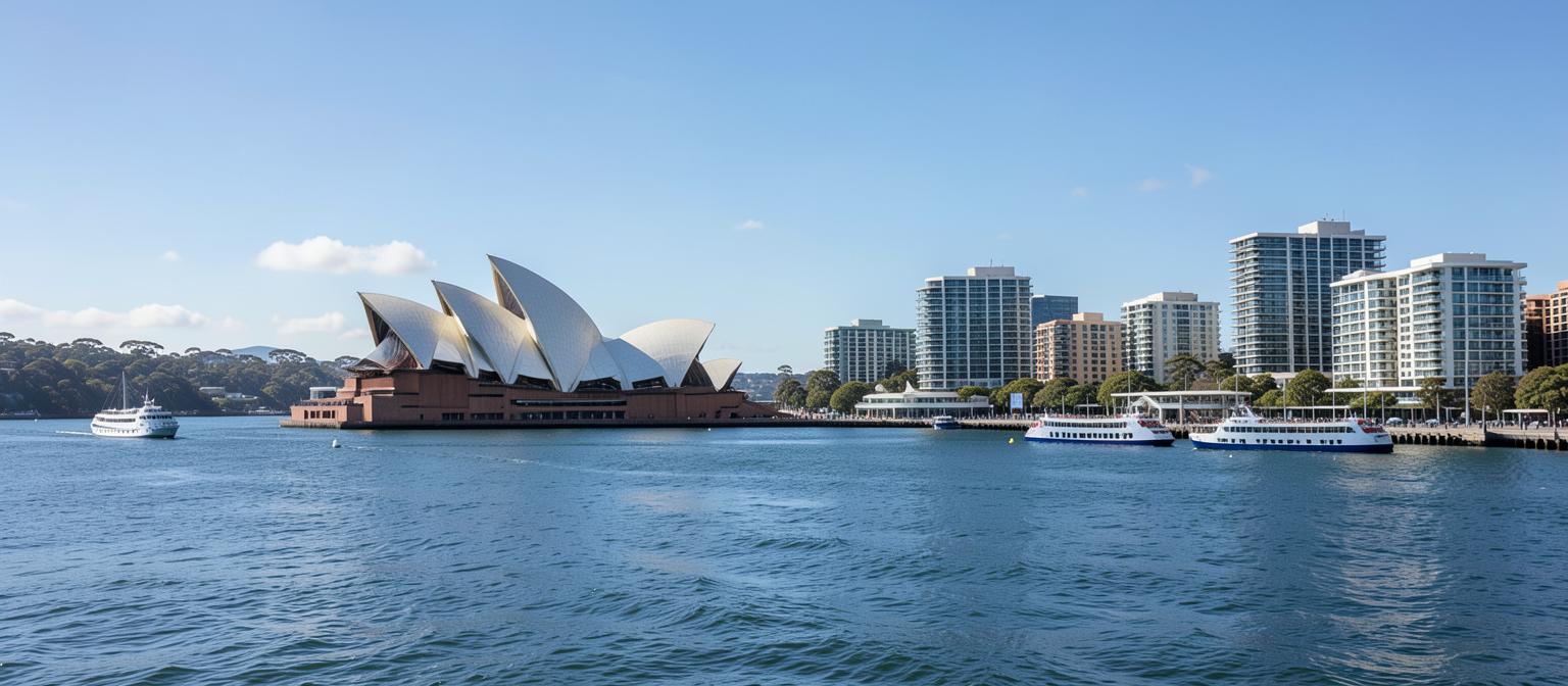 Sydney harbour with the Opera House and waterfront apartment towers