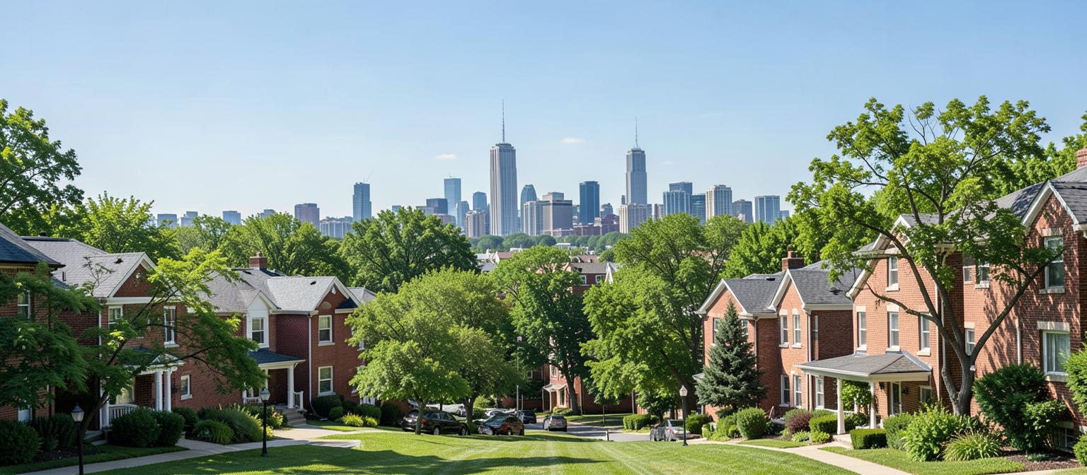 Toronto skyline seen from a leafy neighbourhood of brick houses