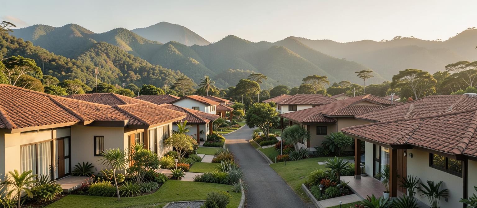 Costa Rica hillside neighbourhood of tiled-roof homes below green mountains