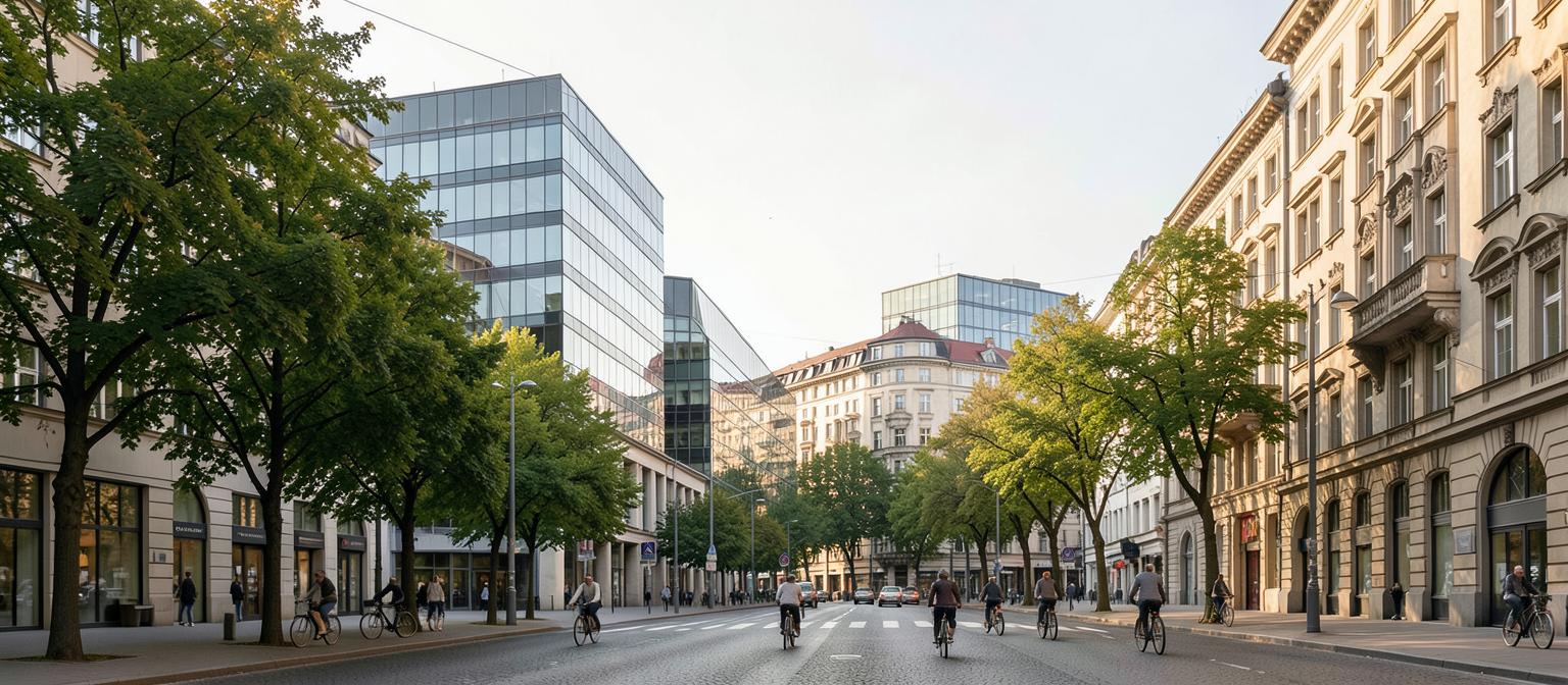 Berlin boulevard with glass offices, classic apartment buildings and cyclists