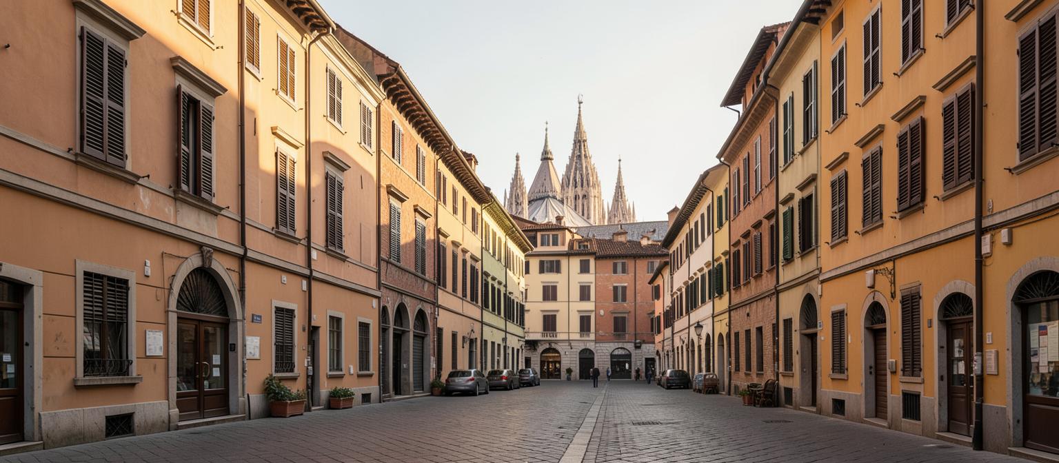 Milan residential street with ochre facades and cathedral spires beyond