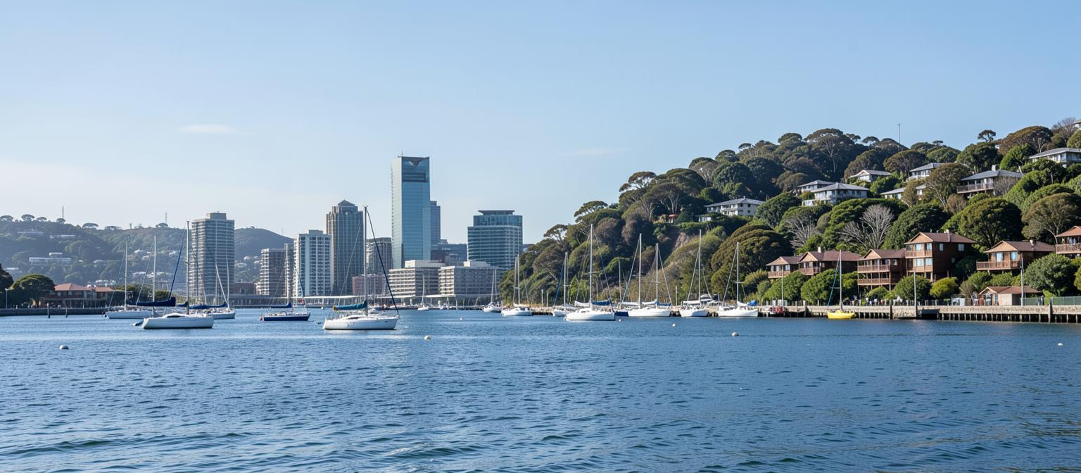 Auckland harbour with sailing boats, the city skyline and hillside homes