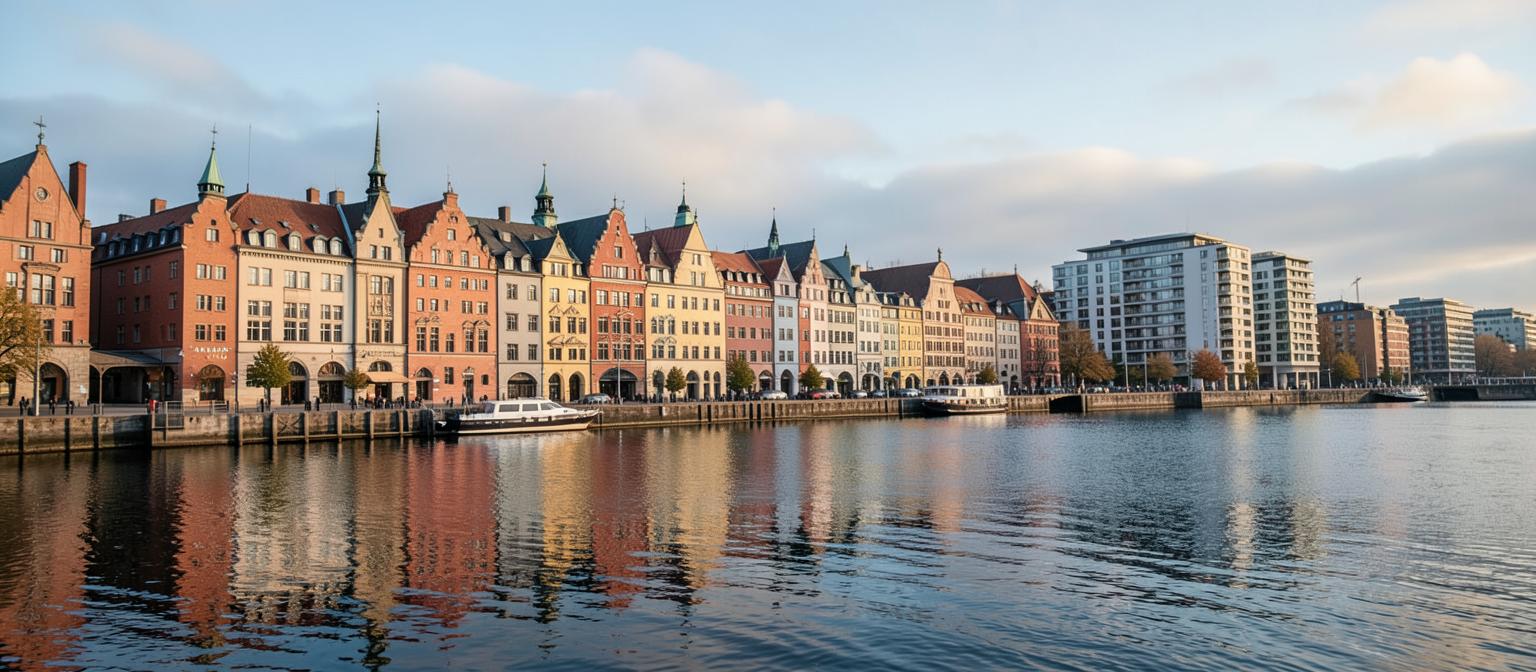 Stockholm waterfront with historic facades reflected in the water