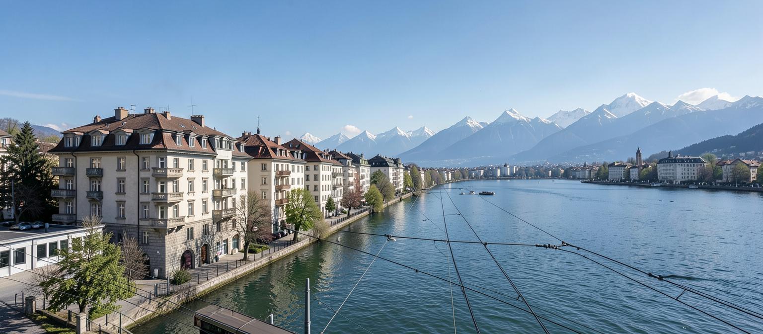 Zurich lakefront apartment buildings with the Alps in the distance