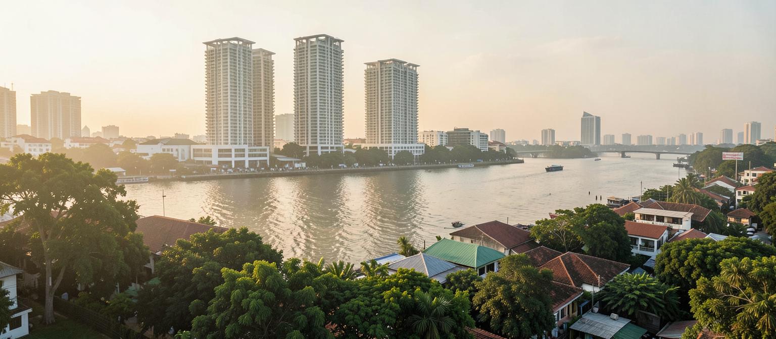 Bangkok riverside with condominium towers along the Chao Phraya river