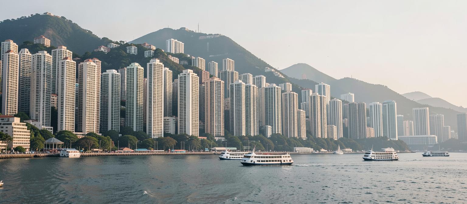 Hong Kong harbour skyline with dense high-rise towers and Victoria Peak