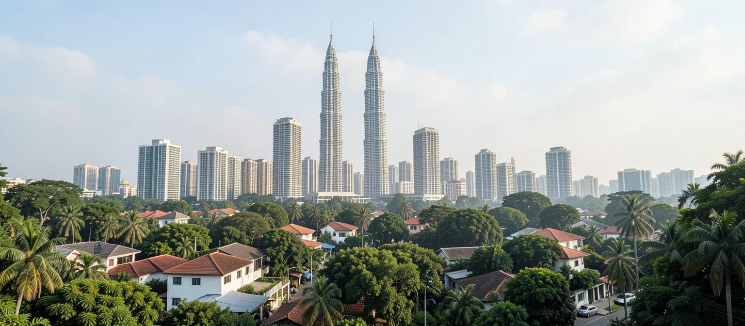 Kuala Lumpur skyline with the Petronas Towers above green city streets
