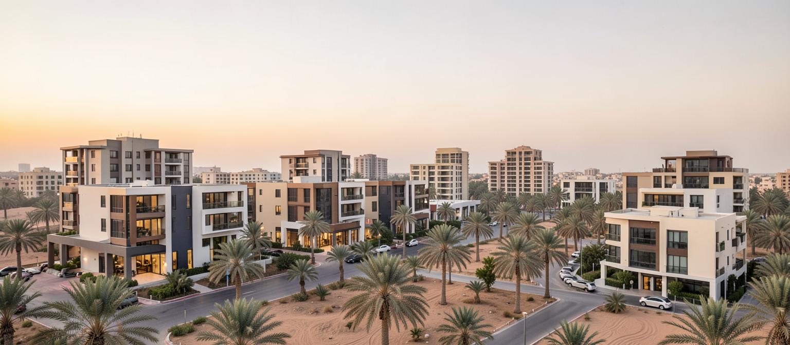 Modern Riyadh residential district with apartment buildings and palm trees