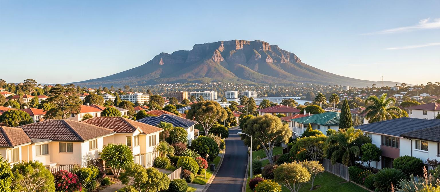 Cape Town suburb of houses and gardens below a flat-topped mountain