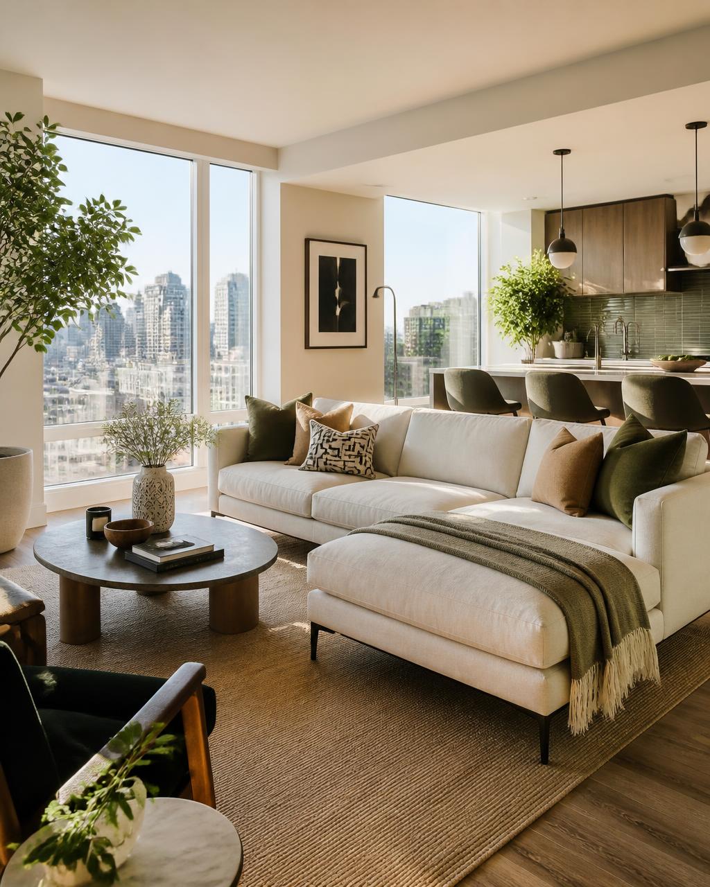 Bright furnished apartment for expats with a modern living space and natural light