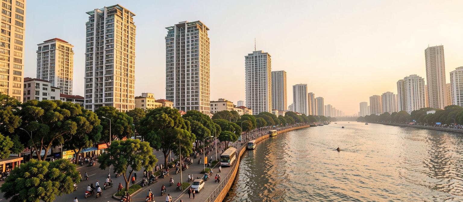 Ho Chi Minh City riverside street with apartment towers and motorbike traffic